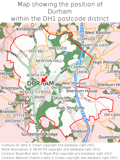 Map showing location of Durham within DH1