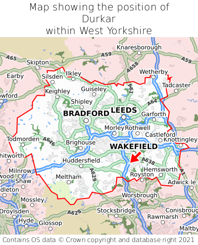 Map showing location of Durkar within West Yorkshire