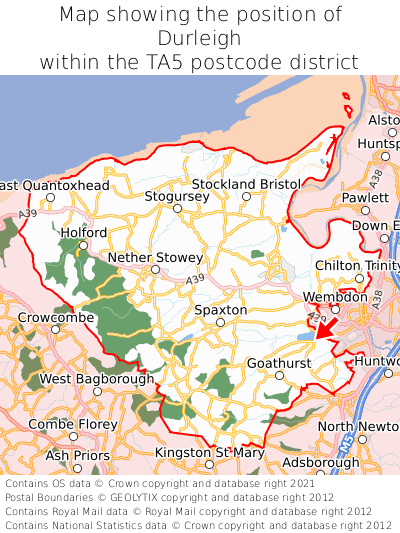 Map showing location of Durleigh within TA5