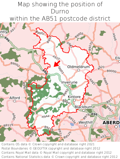 Map showing location of Durno within AB51