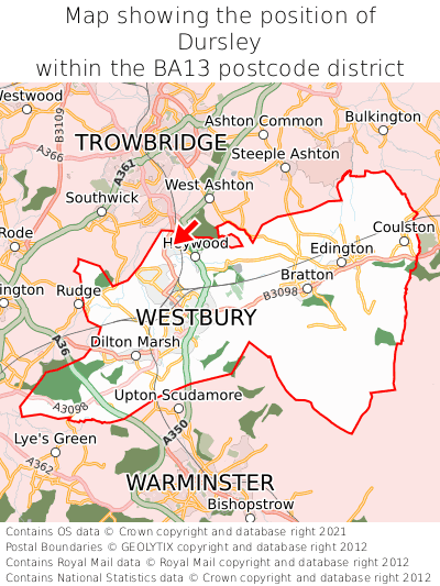 Map showing location of Dursley within BA13