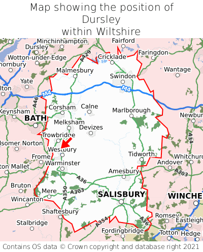 Map showing location of Dursley within Wiltshire