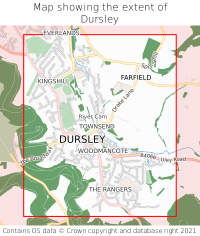 Map showing extent of Dursley as bounding box