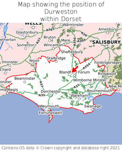 Map showing location of Durweston within Dorset