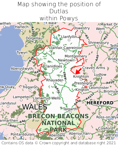 Map showing location of Dutlas within Powys