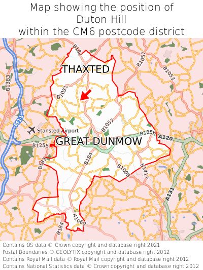 Map showing location of Duton Hill within CM6