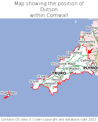 Map showing location of Dutson within Cornwall