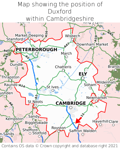 Map showing location of Duxford within Cambridgeshire