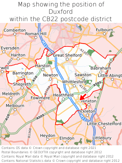 Map showing location of Duxford within CB22