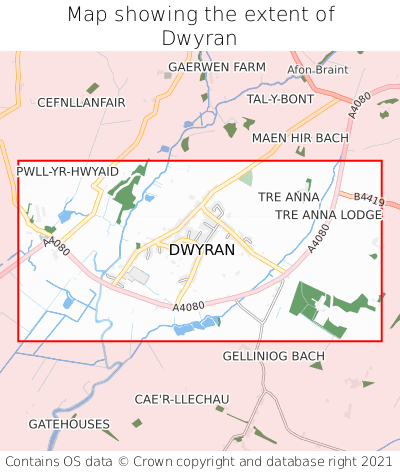 Map showing extent of Dwyran as bounding box