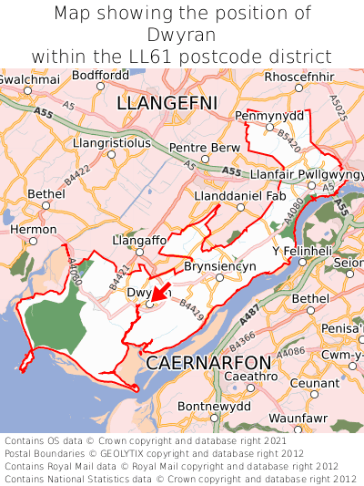 Map showing location of Dwyran within LL61