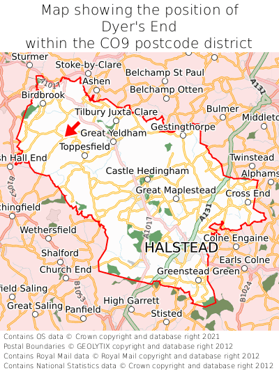 Map showing location of Dyer's End within CO9