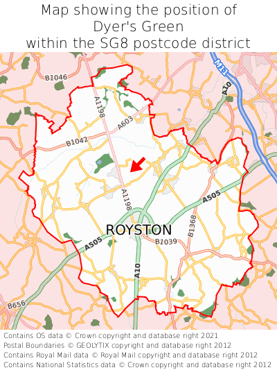 Map showing location of Dyer's Green within SG8