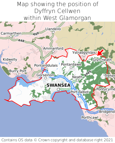 Map showing location of Dyffryn Cellwen within West Glamorgan