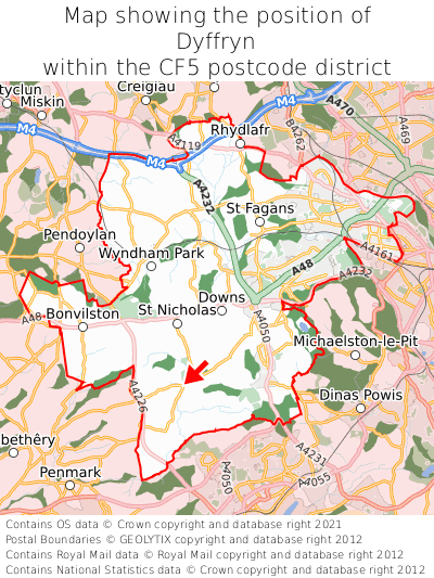 Map showing location of Dyffryn within CF5