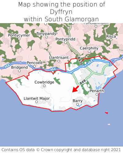 Map showing location of Dyffryn within South Glamorgan
