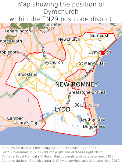 Map showing location of Dymchurch within TN29