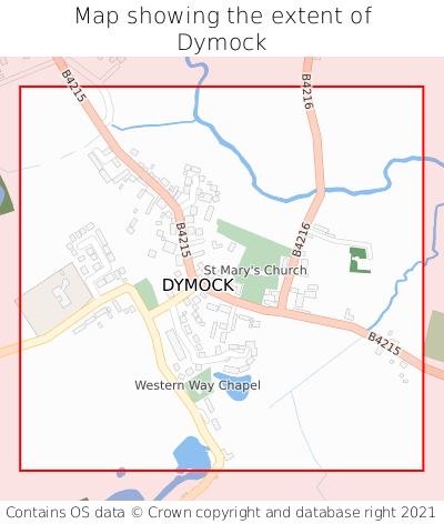Map showing extent of Dymock as bounding box