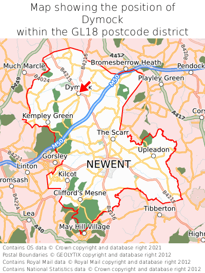 Map showing location of Dymock within GL18