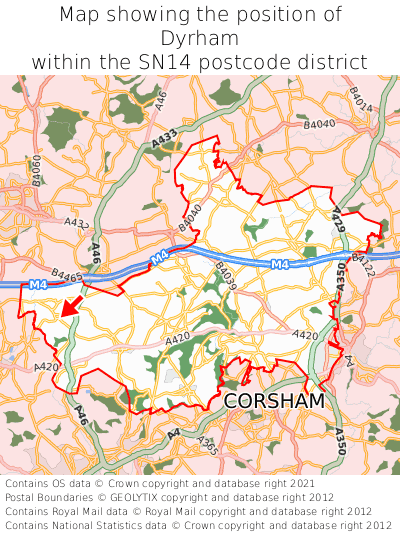 Map showing location of Dyrham within SN14