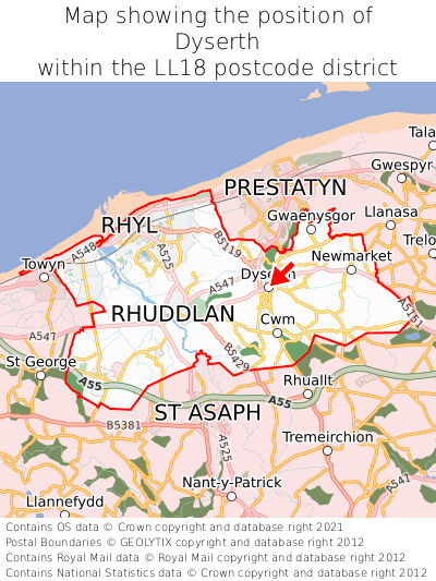 Map showing location of Dyserth within LL18