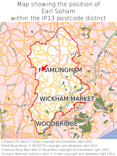 Map showing location of Earl Soham within IP13