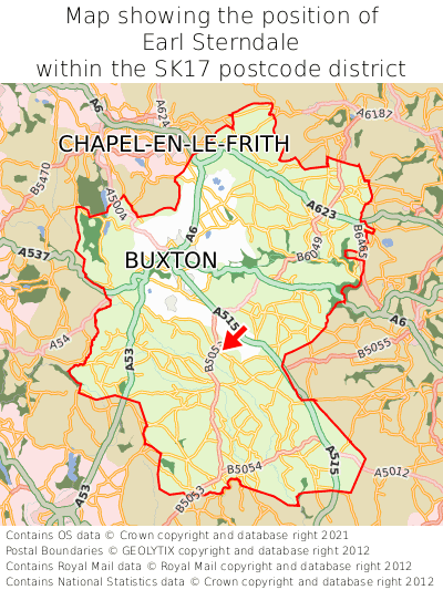 Map showing location of Earl Sterndale within SK17