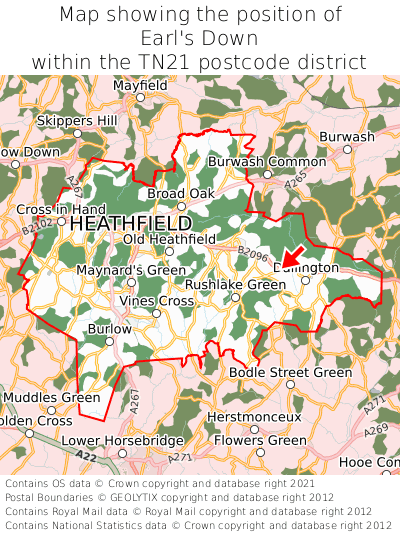 Map showing location of Earl's Down within TN21