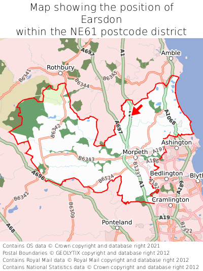 Map showing location of Earsdon within NE61