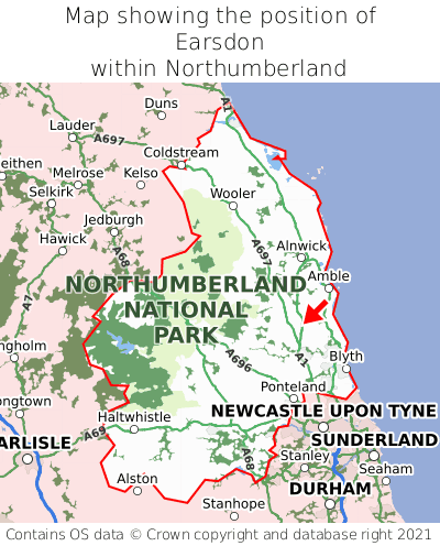 Map showing location of Earsdon within Northumberland