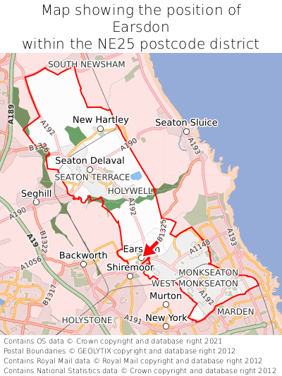 Map showing location of Earsdon within NE25