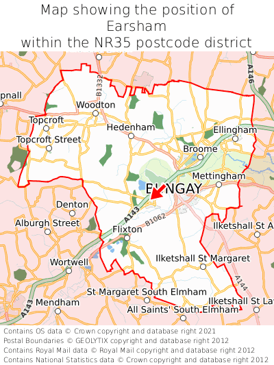 Map showing location of Earsham within NR35