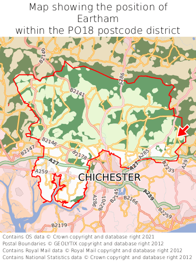 Map showing location of Eartham within PO18