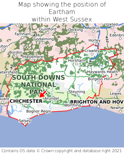 Map showing location of Eartham within West Sussex
