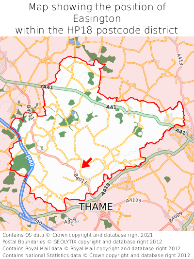 Map showing location of Easington within HP18