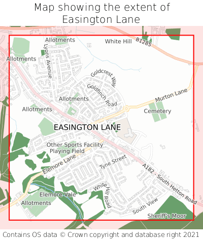 Map showing extent of Easington Lane as bounding box