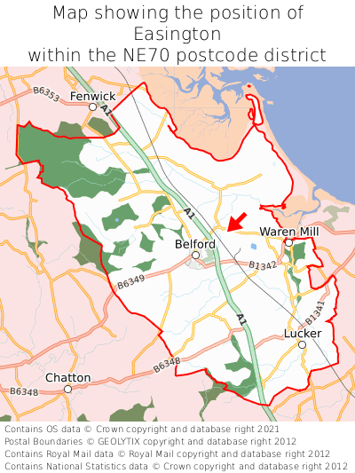 Map showing location of Easington within NE70