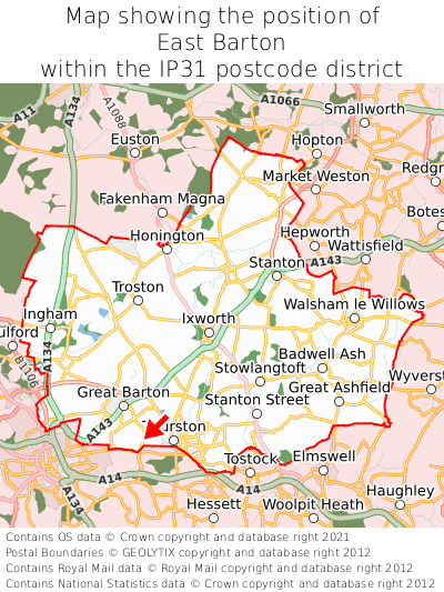 Map showing location of East Barton within IP31