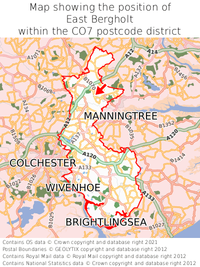 Map showing location of East Bergholt within CO7
