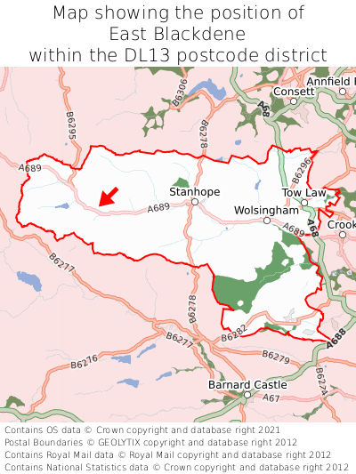 Map showing location of East Blackdene within DL13