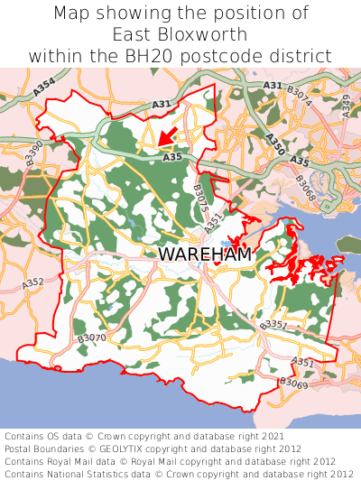 Map showing location of East Bloxworth within BH20