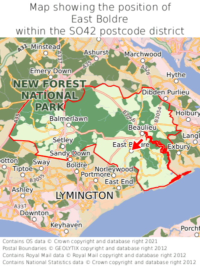 Map showing location of East Boldre within SO42