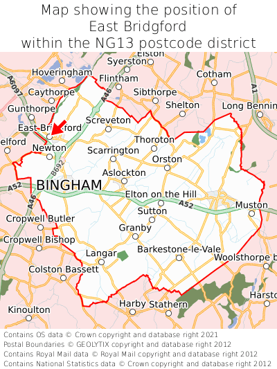 Map showing location of East Bridgford within NG13