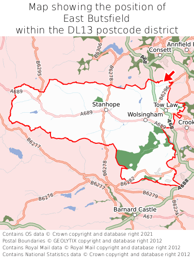 Map showing location of East Butsfield within DL13