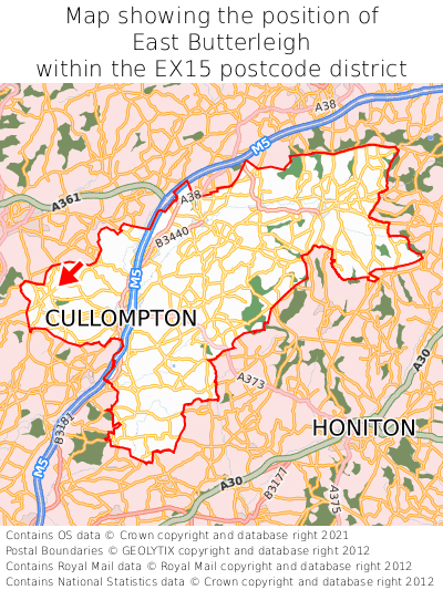 Map showing location of East Butterleigh within EX15