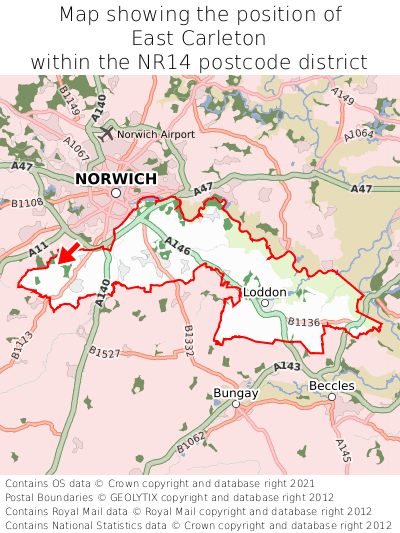 Map showing location of East Carleton within NR14