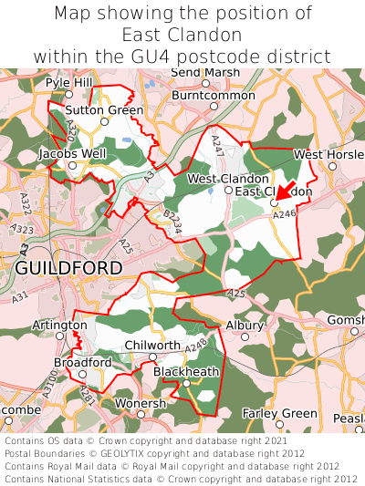 Map showing location of East Clandon within GU4