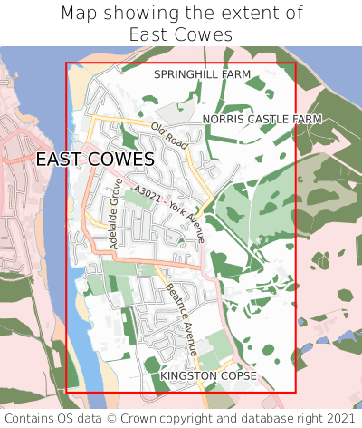 Map showing extent of East Cowes as bounding box