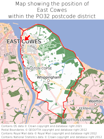 Map showing location of East Cowes within PO32