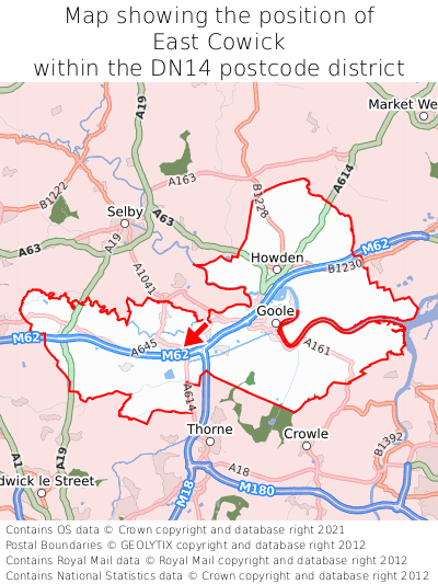 Map showing location of East Cowick within DN14